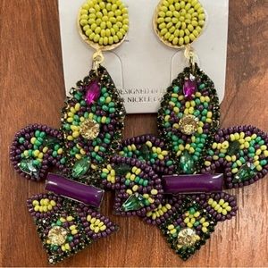 🎉❤️Multicolor Beaded Crystal Mardi Gras Fleur De Lis Earrings